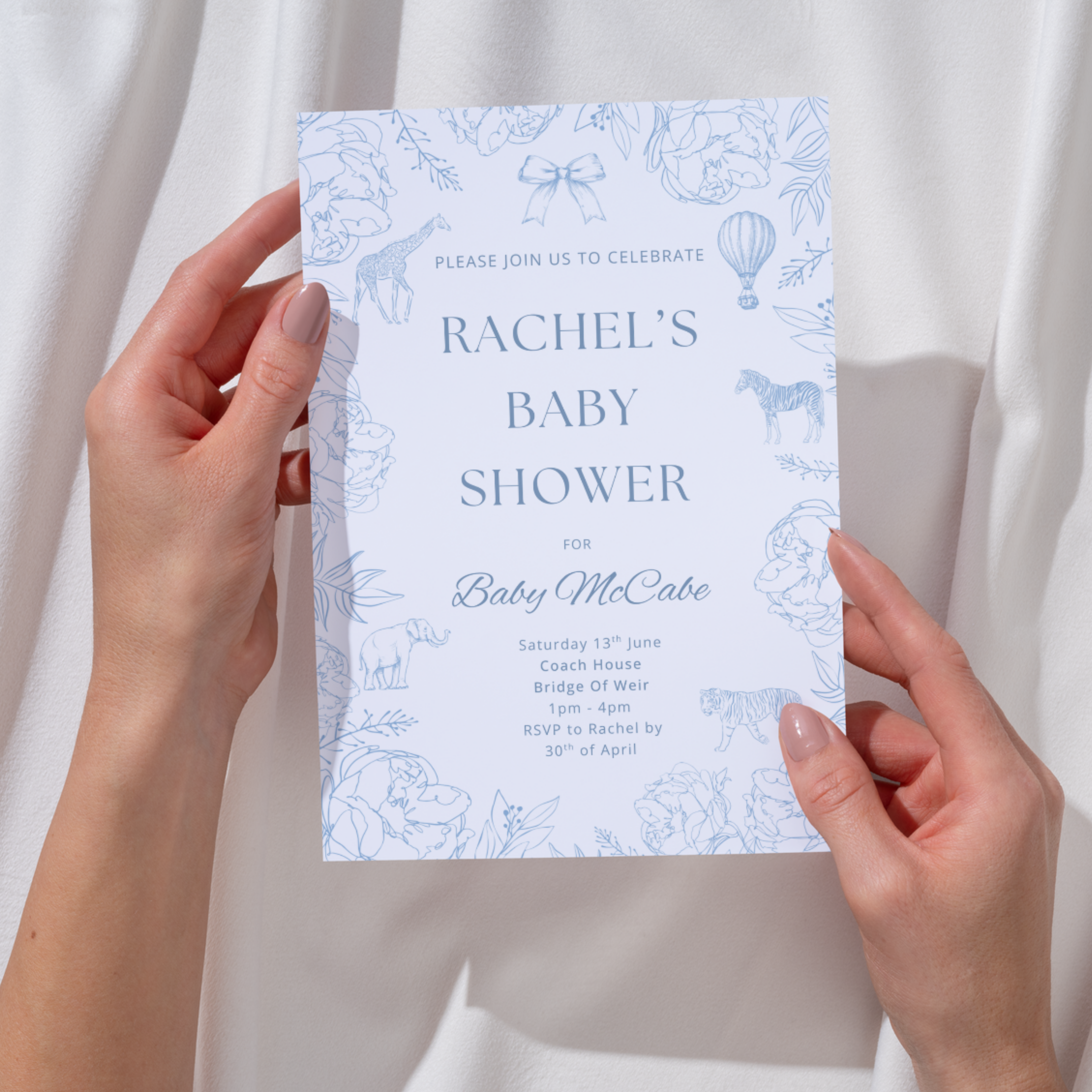 Blue Animal Bow Invite, Perfect for Boy Baby Showers, Christening and Birthdays