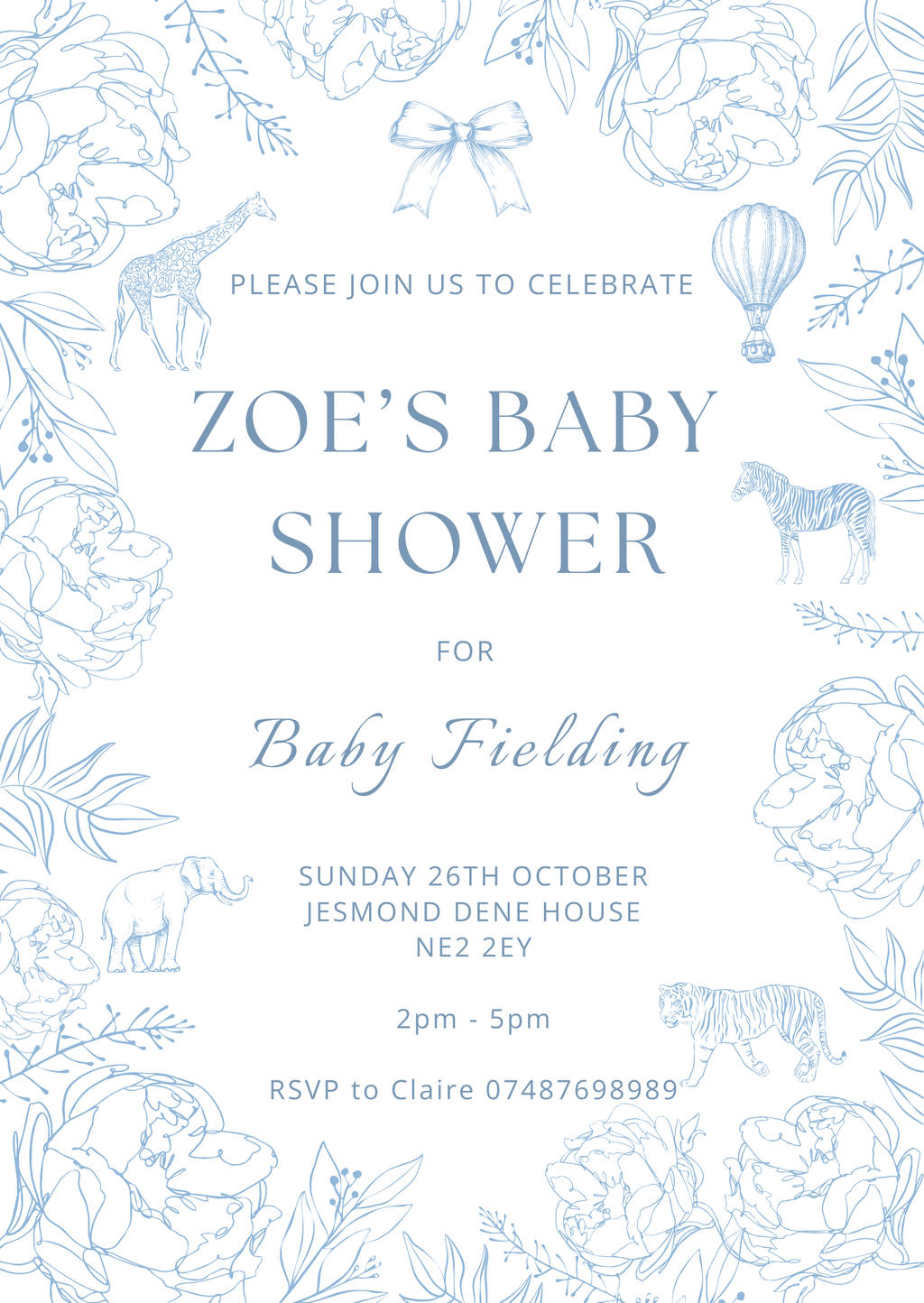 Blue Animal Bow Invite, Perfect for Boy Baby Showers, Christening and Birthdays