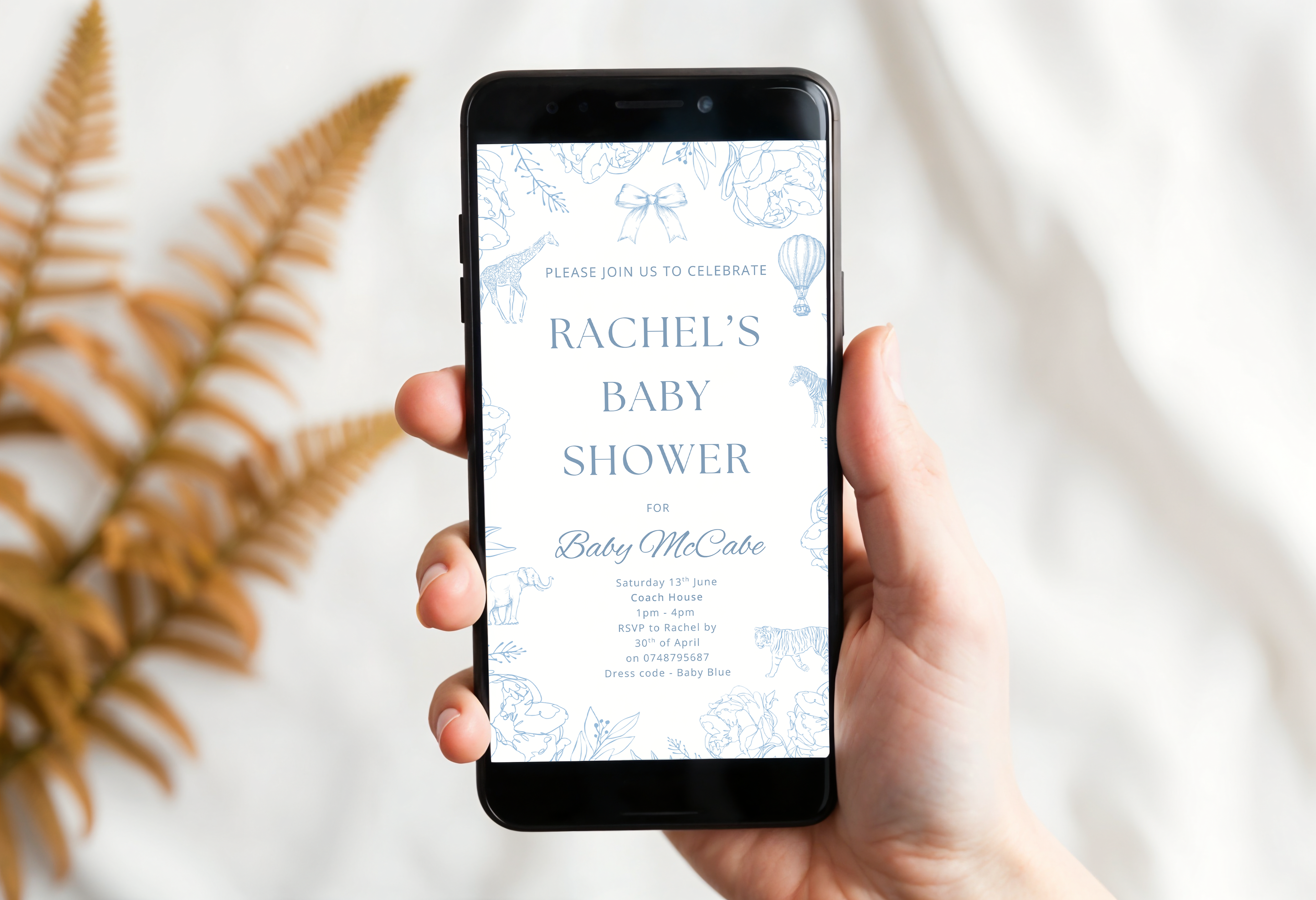 Blue Animal Bow Invite, Perfect for Boy Baby Showers, Christening and Birthdays